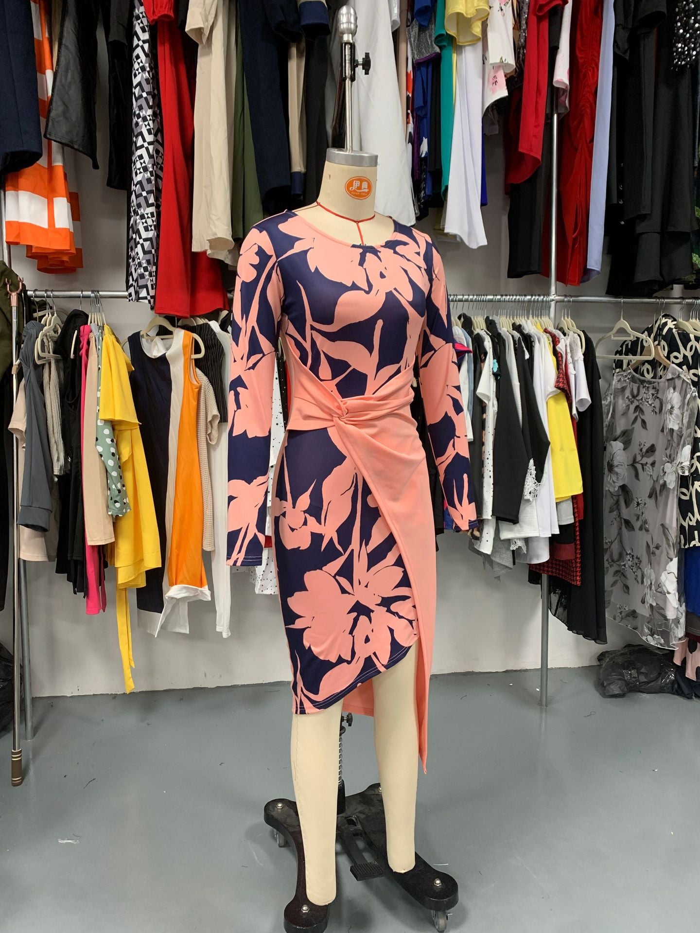 Women Pleated Long Sleeve Print Bodycon Dress 11