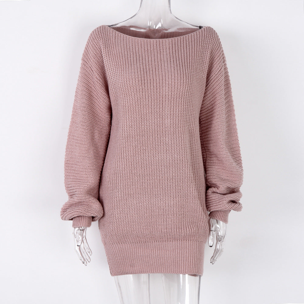 Fall/Winter Women's Long Sleeve Off Shoulder Casual Loose knitting Sweater Dress 17