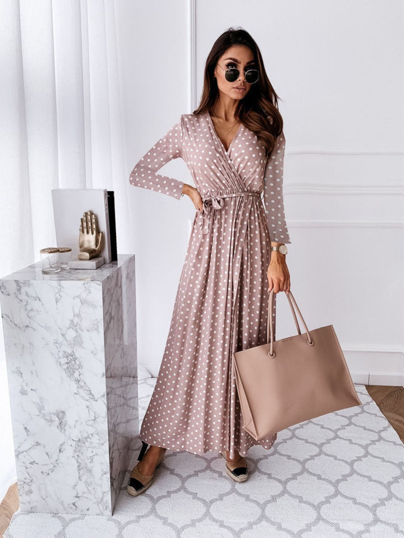 Spring Long Sleeve V-Neck Bohemian Polka Dot Print Long Dress