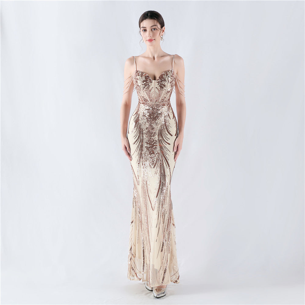 Fishbone Slim Waist Sexy Rhinestone Chain Strap Evening Dress 9