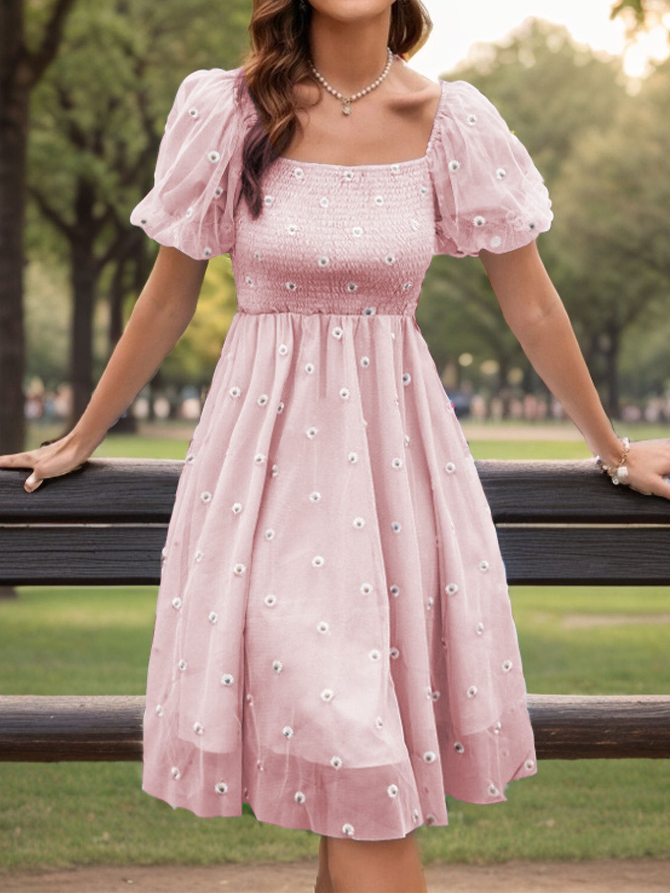 Women Casual Embroidered Square Neck Sunflower French Dress 3