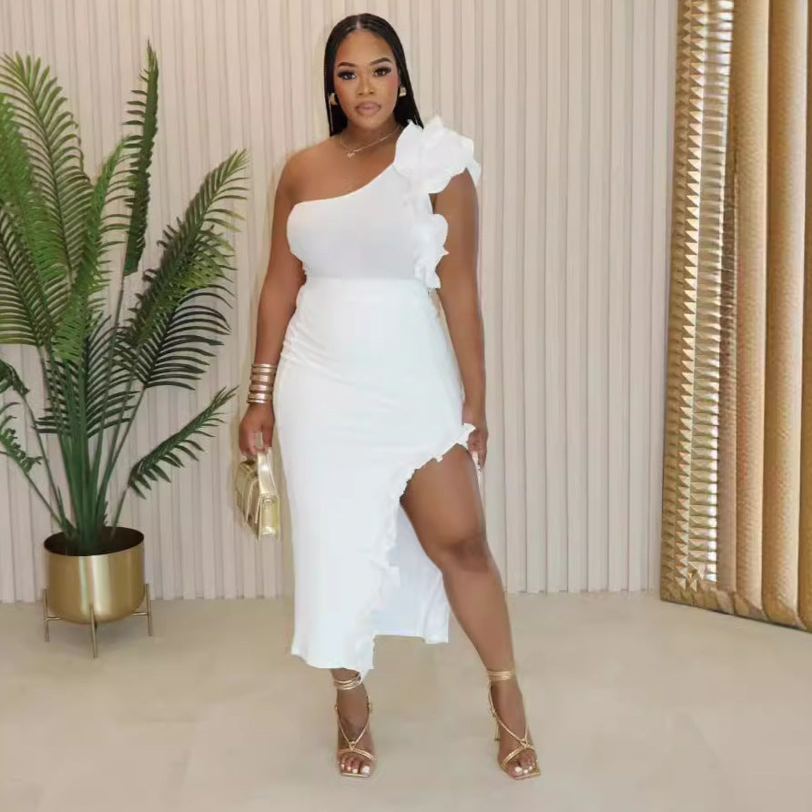 Solid Ruffled Slash Shoulder Slit Two Piece Skirt Set 6