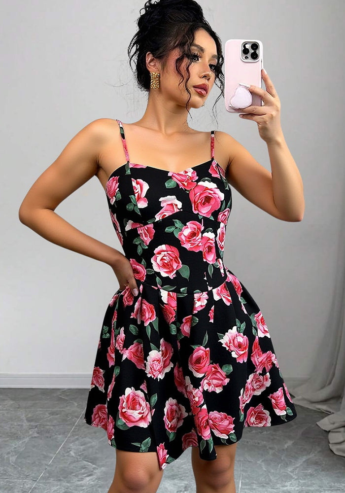 Women French rose print sexy pleated Strap Dress