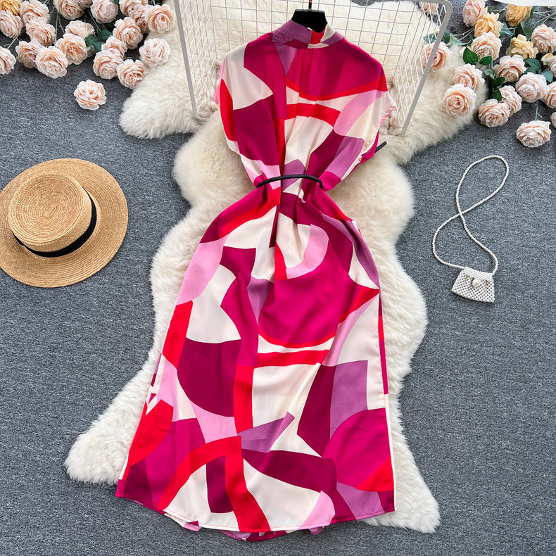 Women Vintage V-Neck Print Summer French Lace-Up Maxi Shirt Dress 20