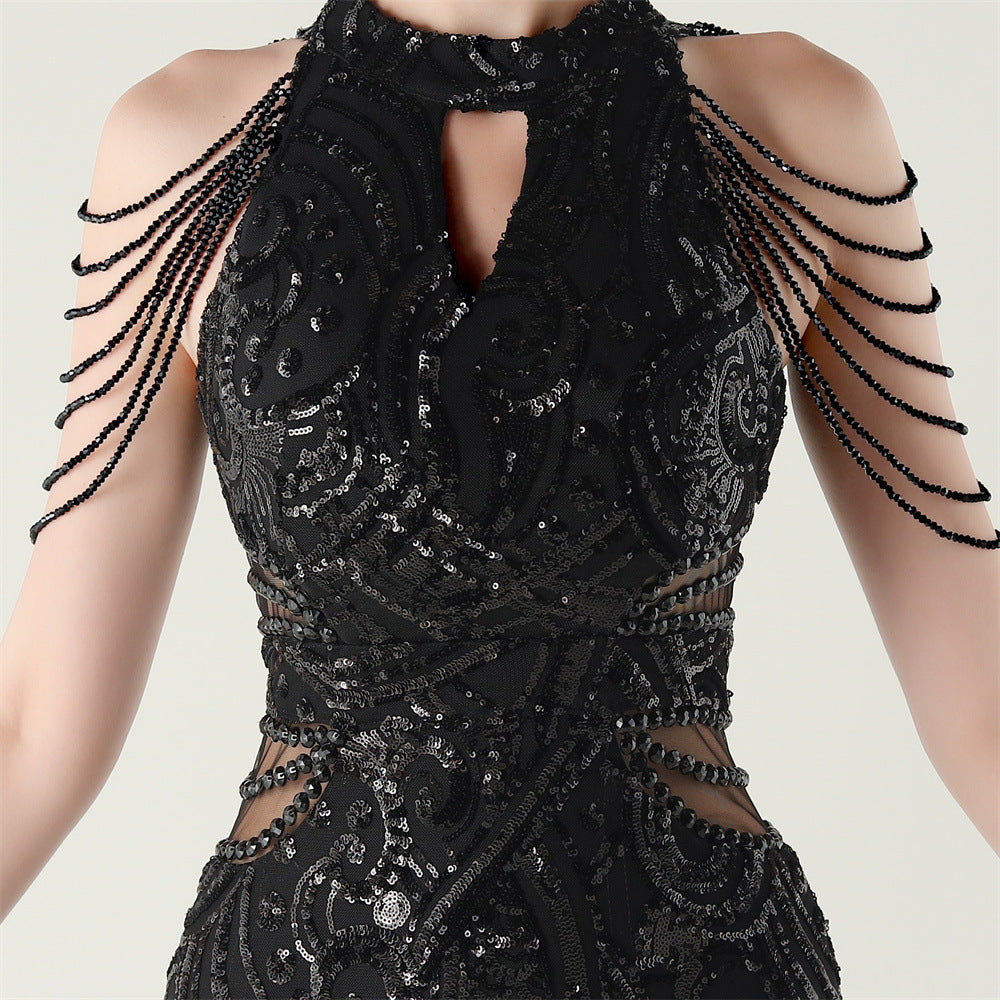 Women beaded chain shoulder sequin halter neck formal party evening dress 17