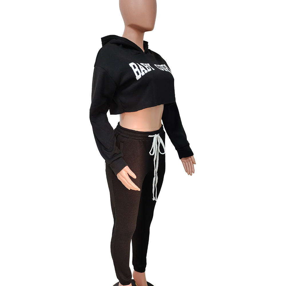 Women Solid Sports Letter Hoodies and Sweatpants Two Piece Set 12