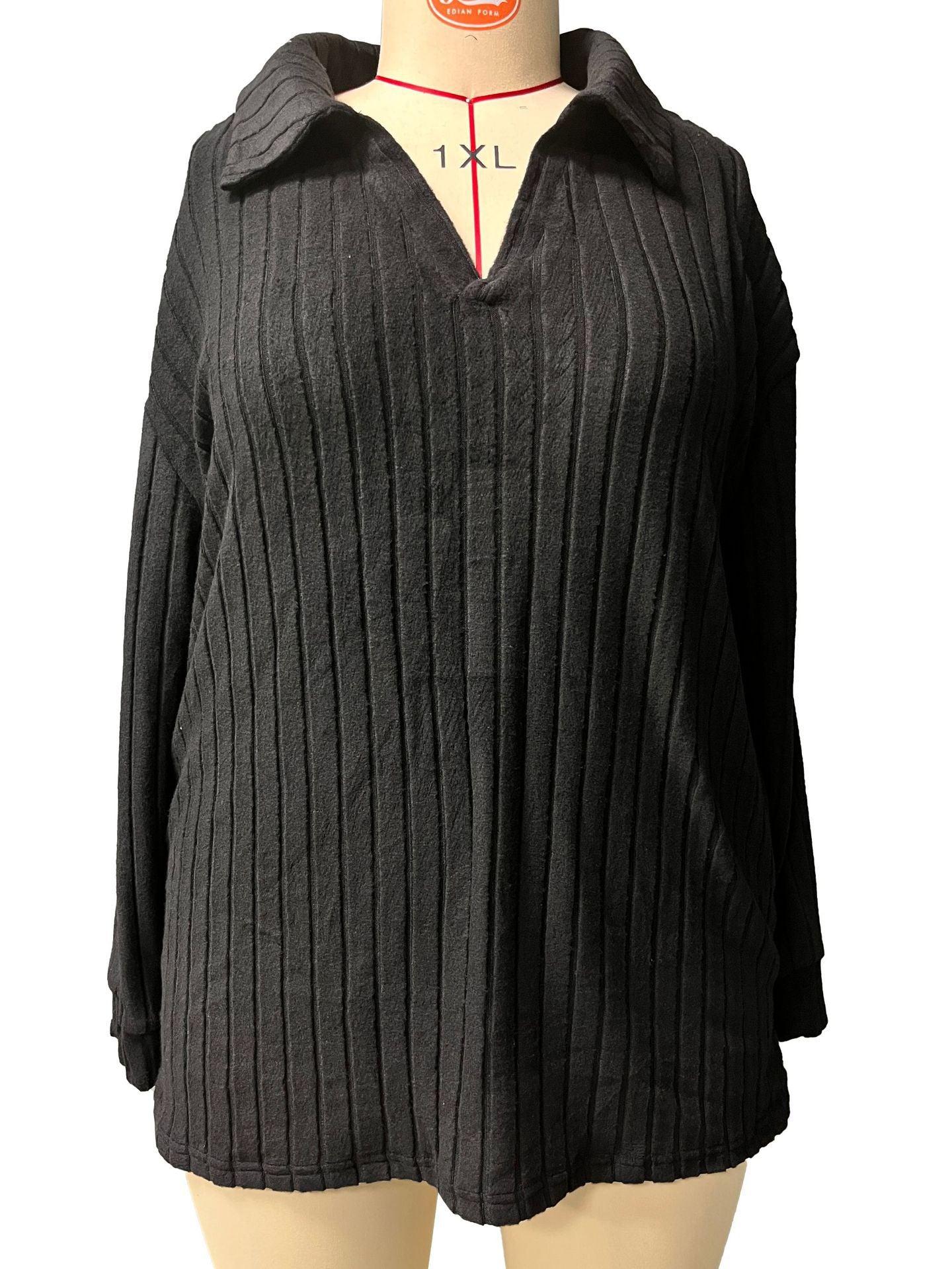 Autumn And Winter Solid Color Plus Size Women's Top V-Neck Turndown Collar Long-Sleeved Ribbed T-Shirt 12