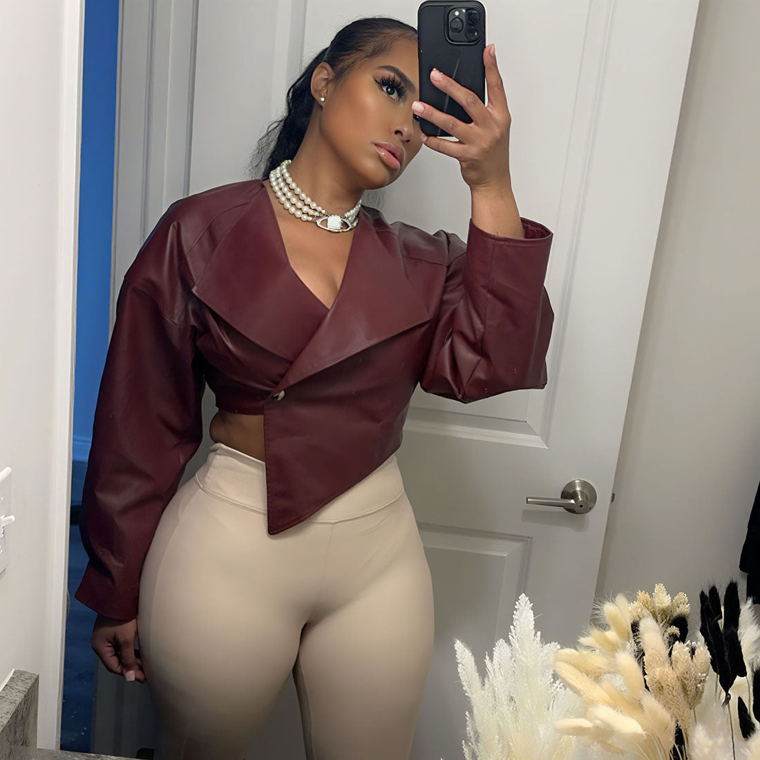 Summer Women's Fashion Slim Waist Crop Pu Leather Solid Color Casual Jacket