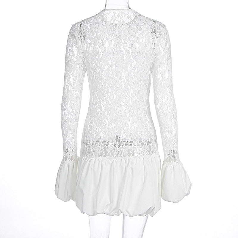 Women's Autumn And Winter Fashion Chic Long Sleeve See-Through Lace Ruffles Dress 6