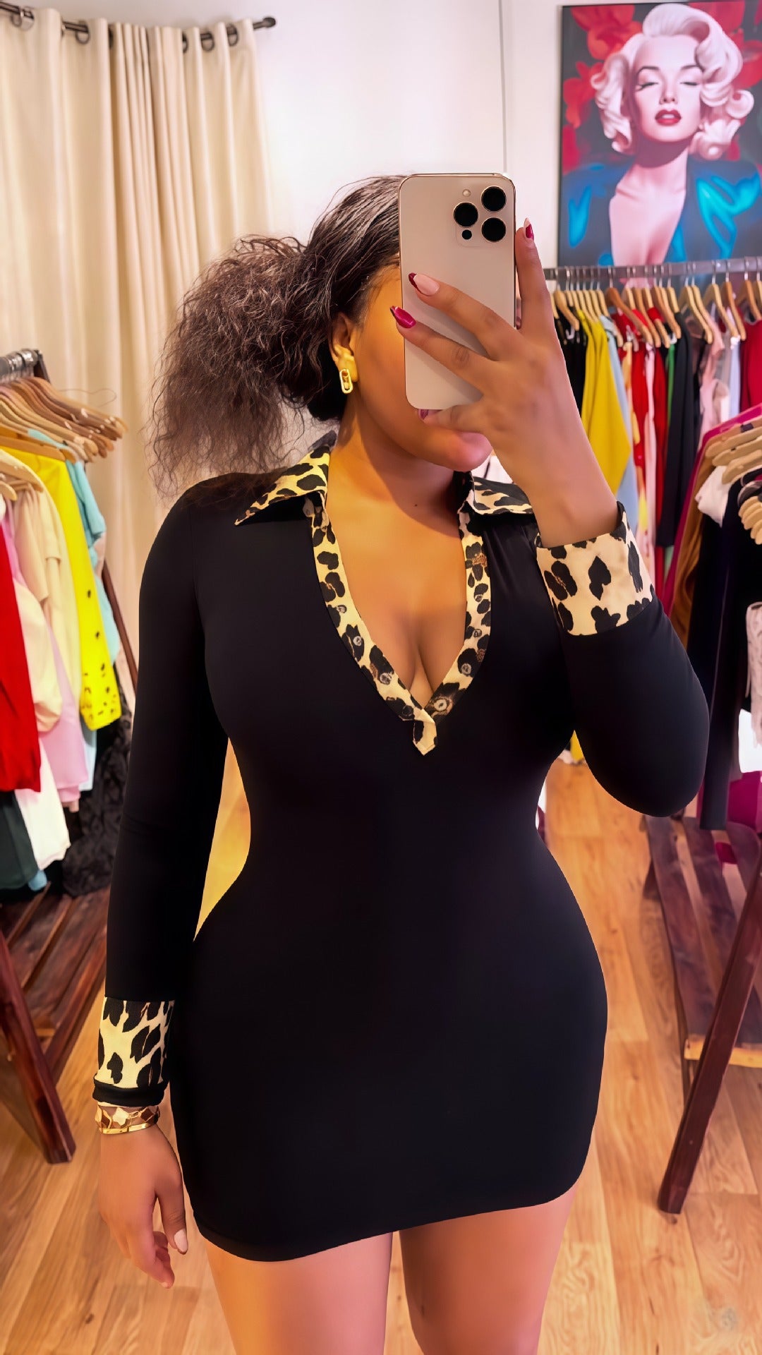 Leopard Print Deep V Turndown Collar Tight-Fitting Bodycon Dress