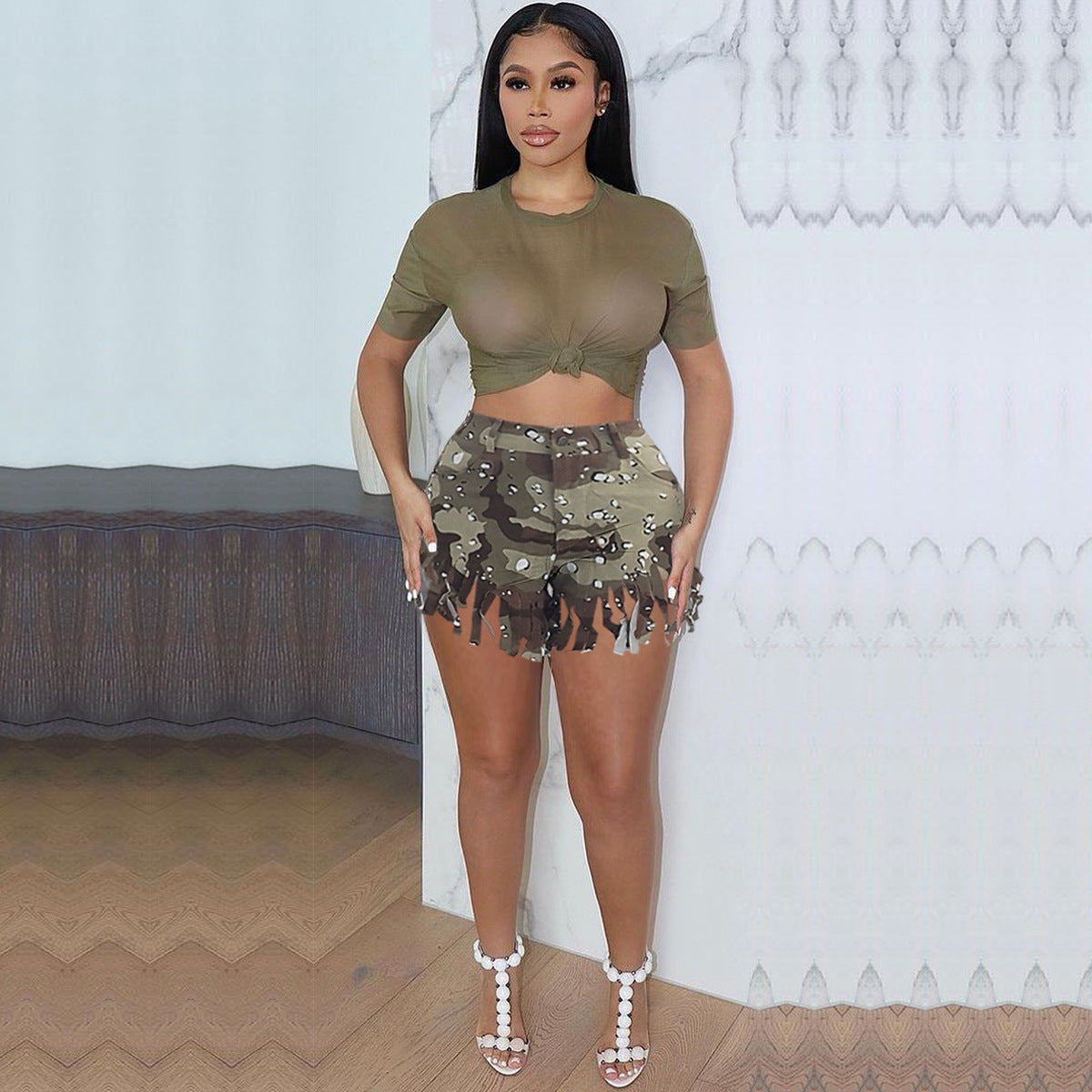 Fashionable Women's Camouflage Tassel Shorts 9