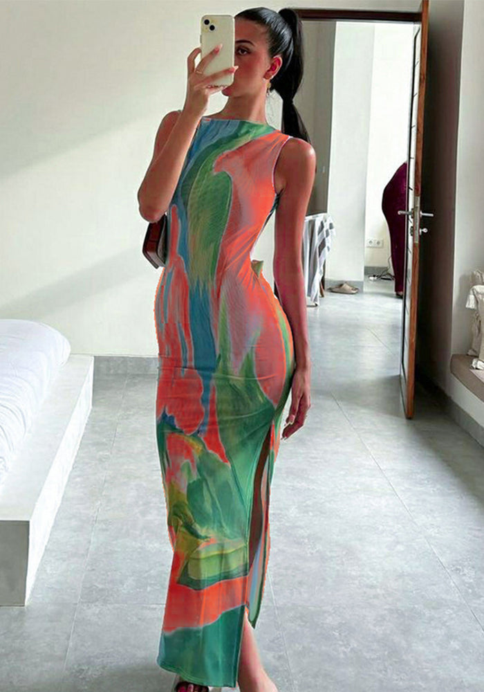 Women summer sexy Backless slit sleeveless dress