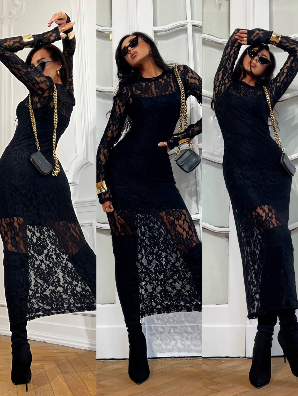 Women Round Neck hollow sexy See-Through Lace Bodycon dress