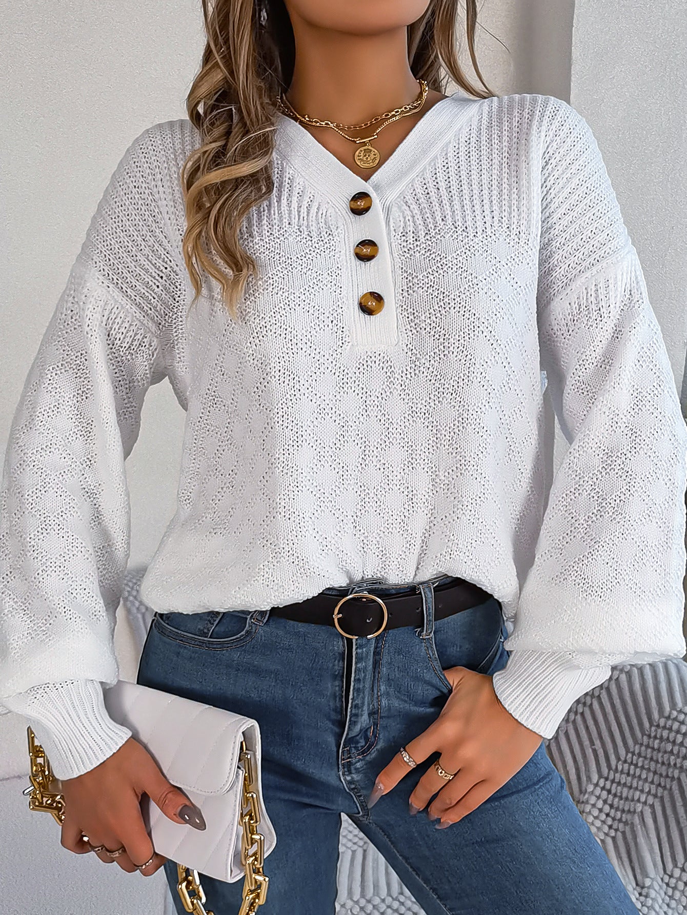 Fall and winter Women Casual loose v-neck buttoned lantern sleeve sweater 9