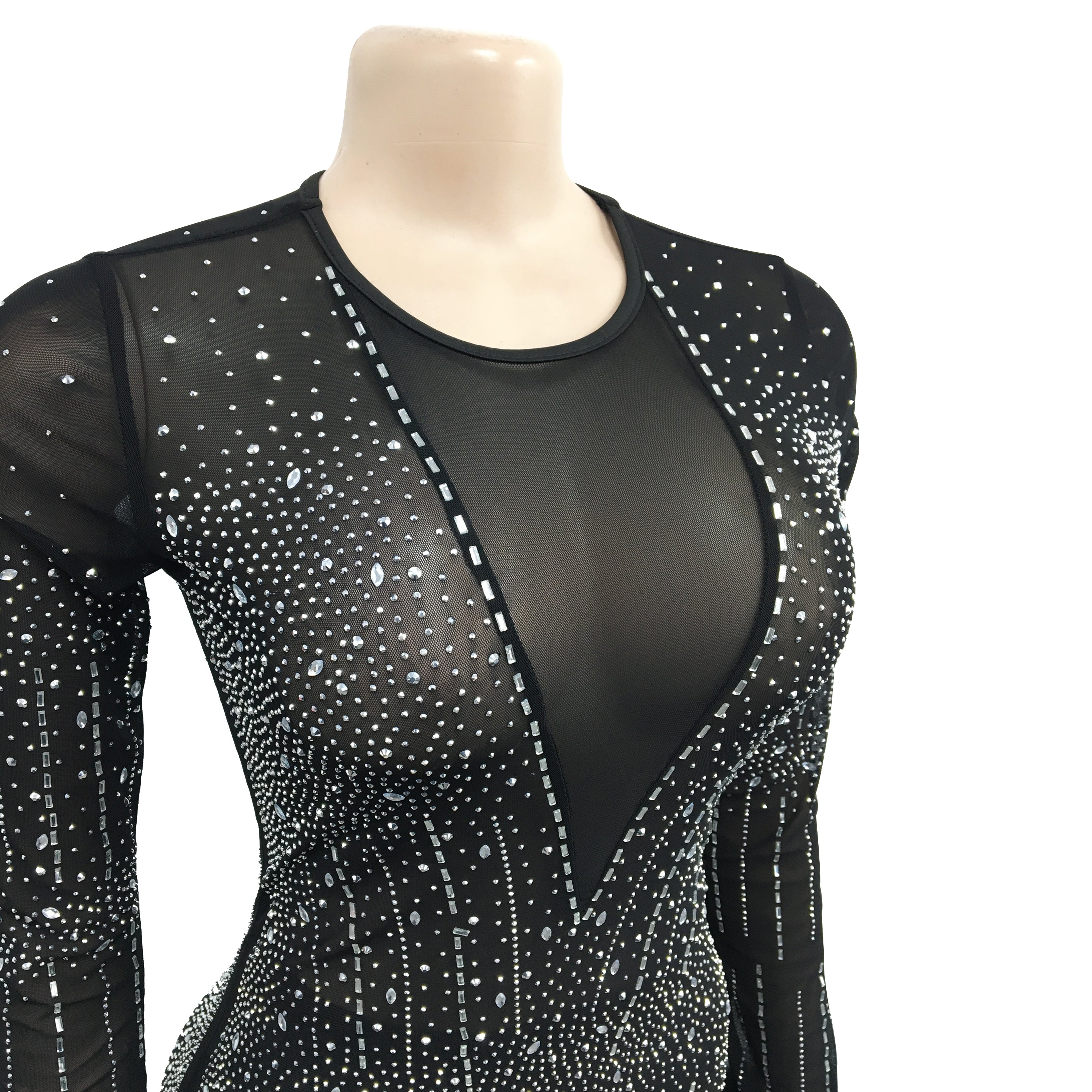 Fashion Women's Mesh Beaded V-Neck Long Sleeve Feather Long Library Jumpsuit 17