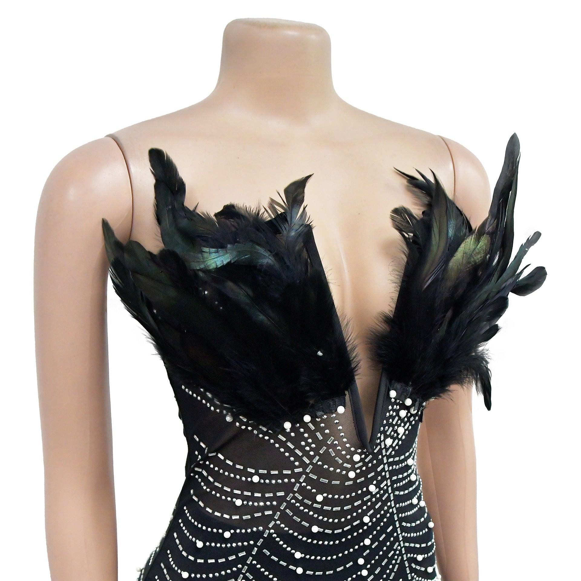 Fashion Women's Solid Color Mesh Beaded Feather Dress 23