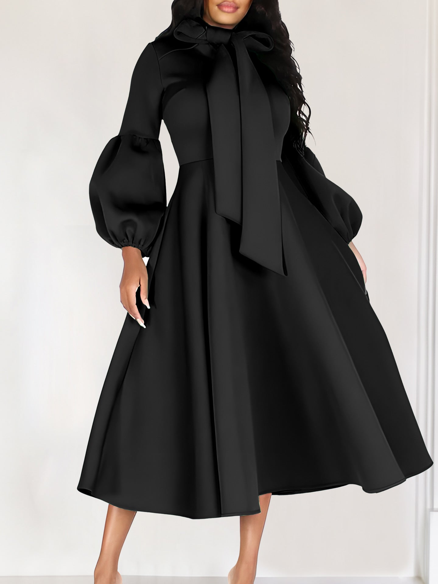 Women's Puff Sleeve Bow Tied High Waist A-Line Party Dress 9