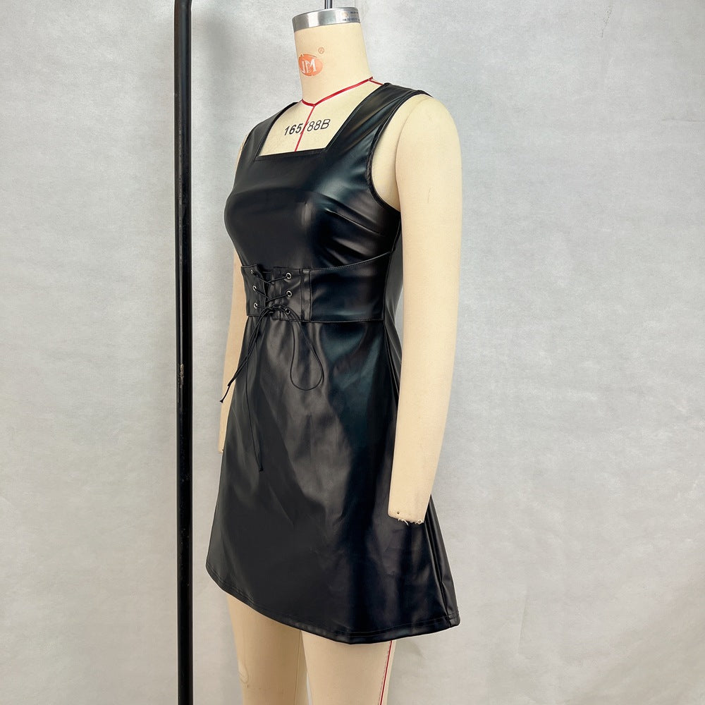 Women's Clothing Pu Leather Slim Waist Square Neck Solid Color Lace-Up Slim Fit Sleeveless Mini Dress 10