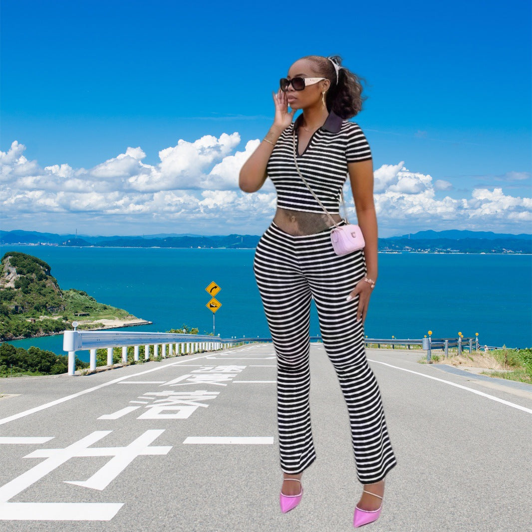 Fashion Turndown Collar Shirt & Striped Bell-Bottom Pants Summer Knit Set 5