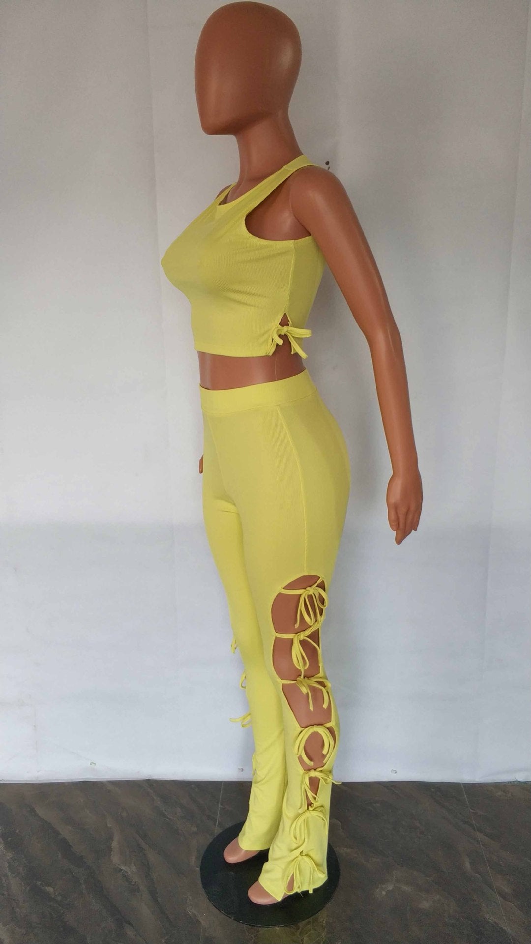 Women's Fashion Summer Style Cutout Tie Solid Color Ribbed Sleeveless Two-Piece Pants Set 18