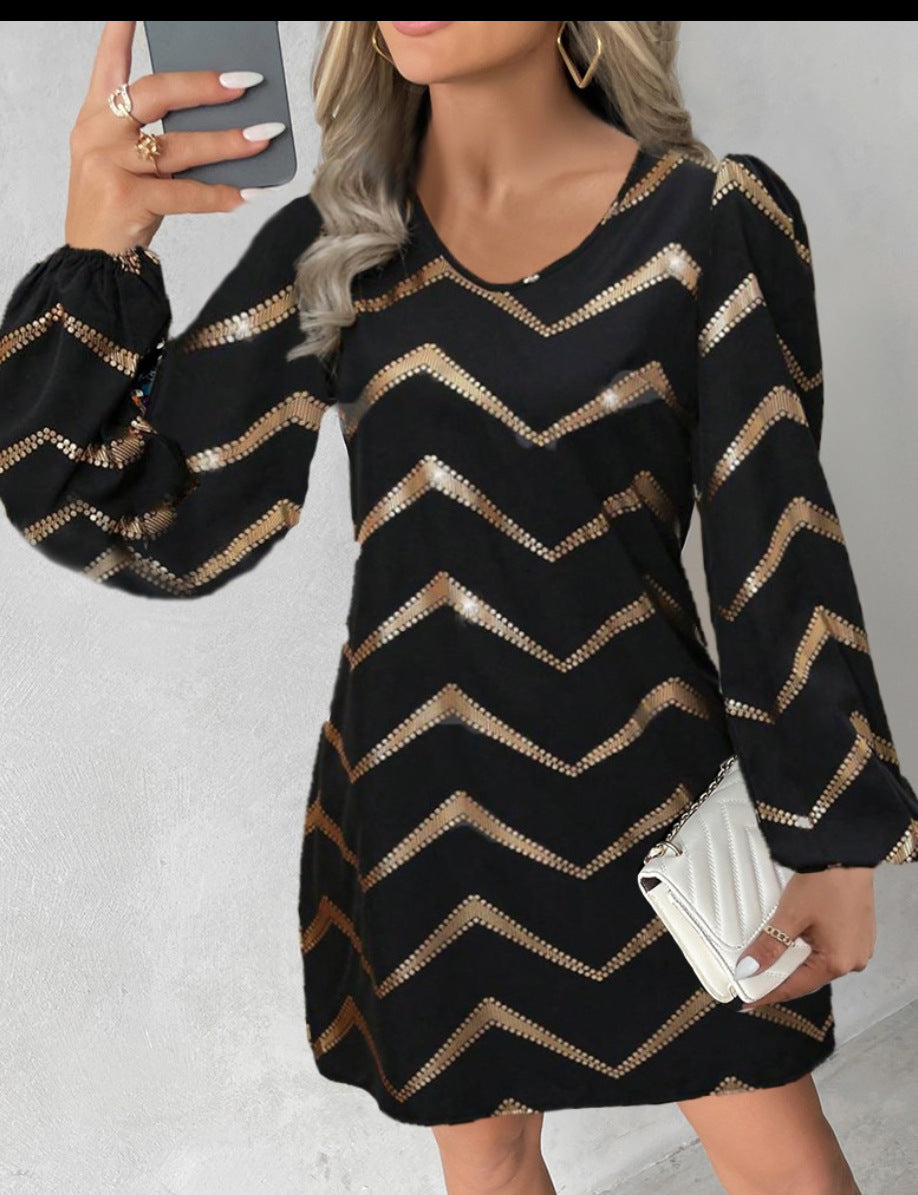 Women long sleeve printed u-neck puff sleeve dress 10