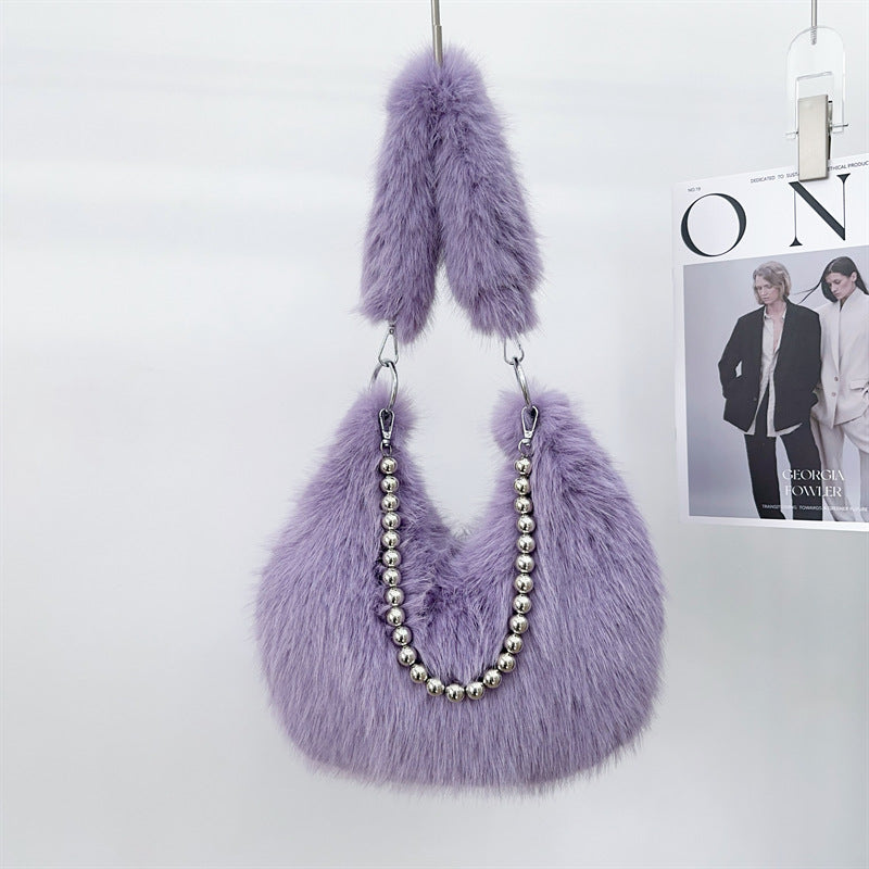 Autumn And Winter Furry Bag Imitation Fox Fur Armpit Bag Pearl Chain Shoulder Bag 16