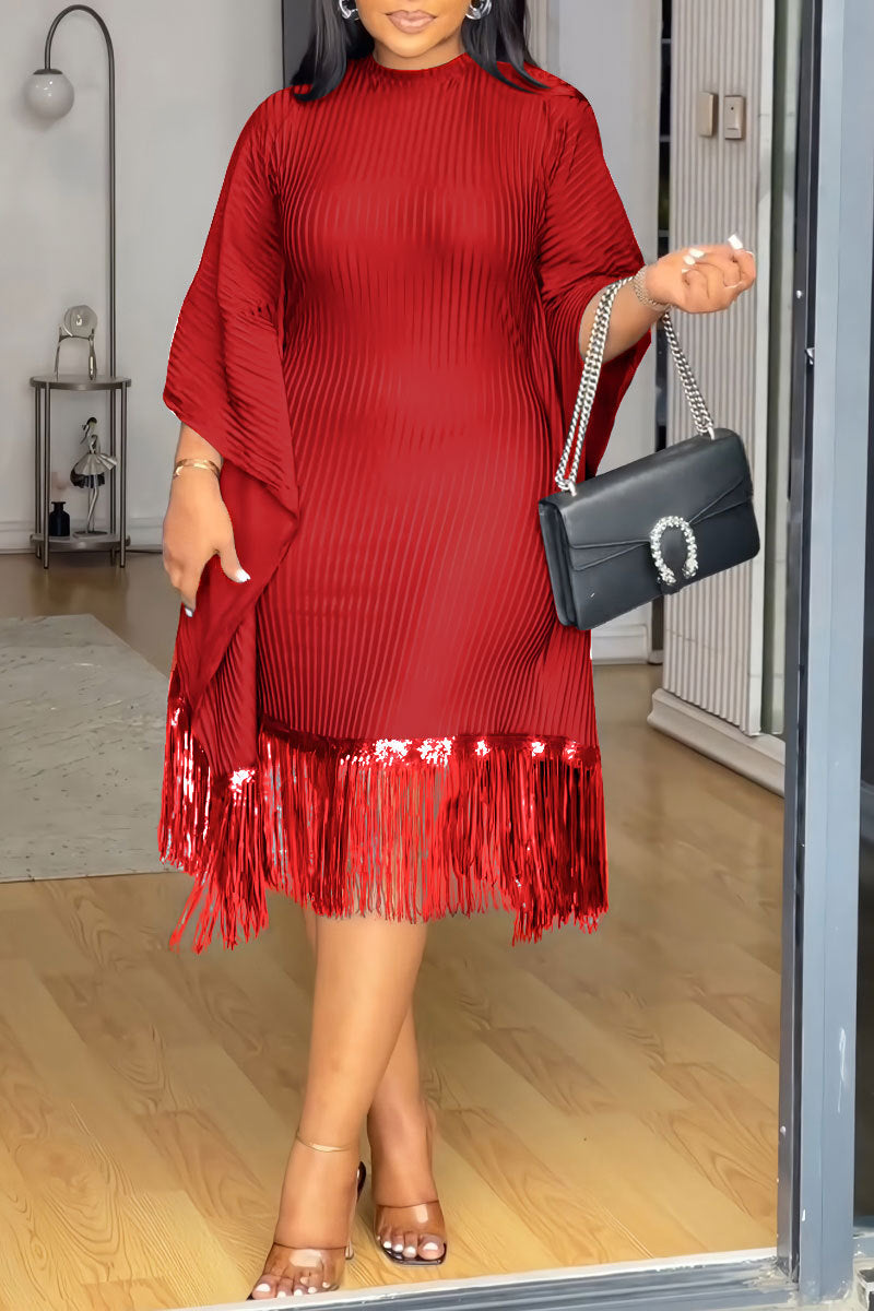 Sequin Tassel Bat Sleeves Elastic Bodycon Dress 5