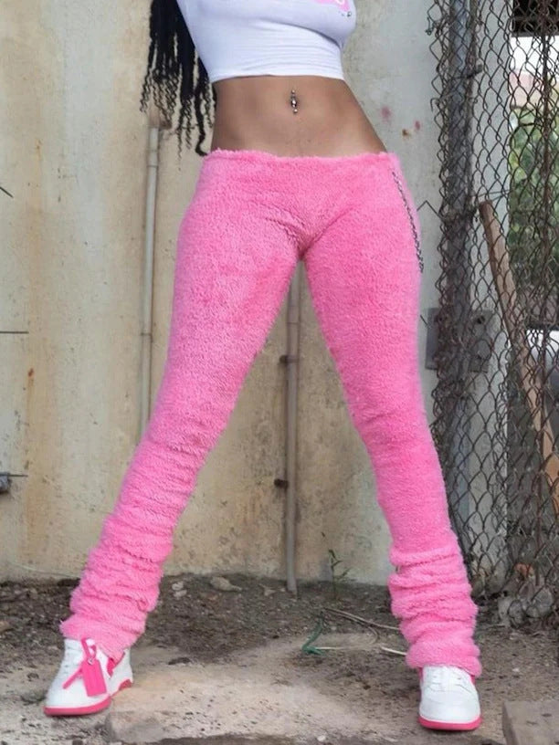 Women's Casual Slim Bodycon Tight Fitting Bell Bottom Fleece Pants