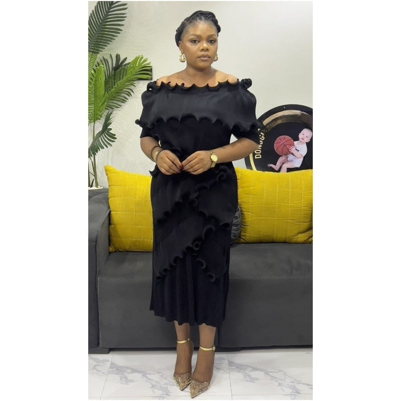 Plus Size African Women Off Shoulder Ruffle Edge Dress 3