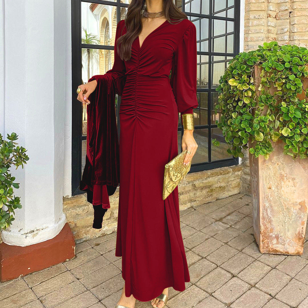 Women's V-Neck Slim Waist Chic Long Dress 12