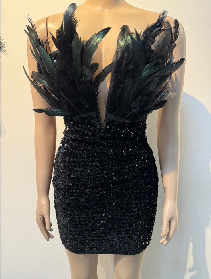 Women sexy sequin V Neck Strapless Feather Bodycon dress 8