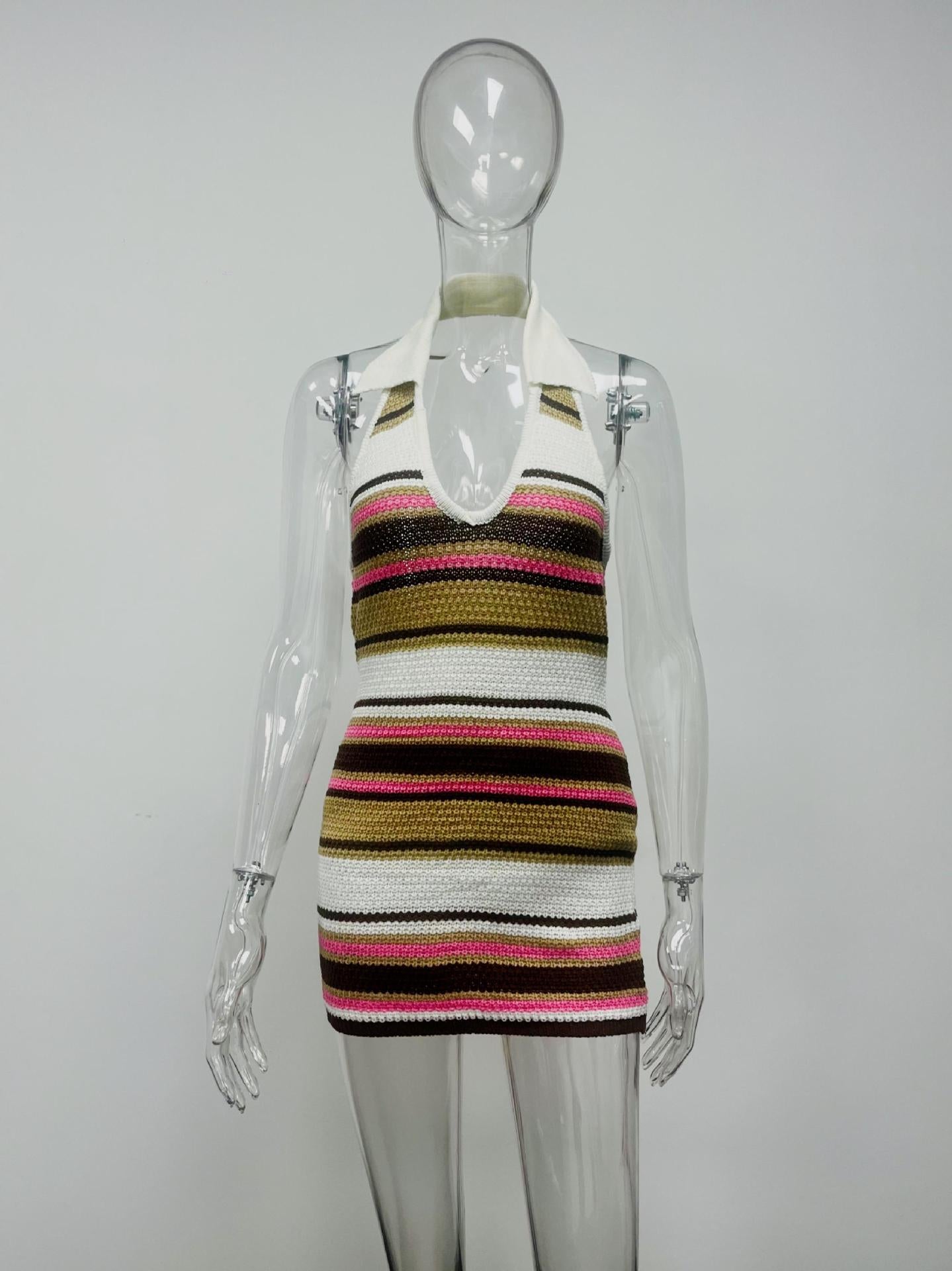 Summer Women's Striped Sexy V-Neck Halter Neck Knitted Bodycon Dress 12