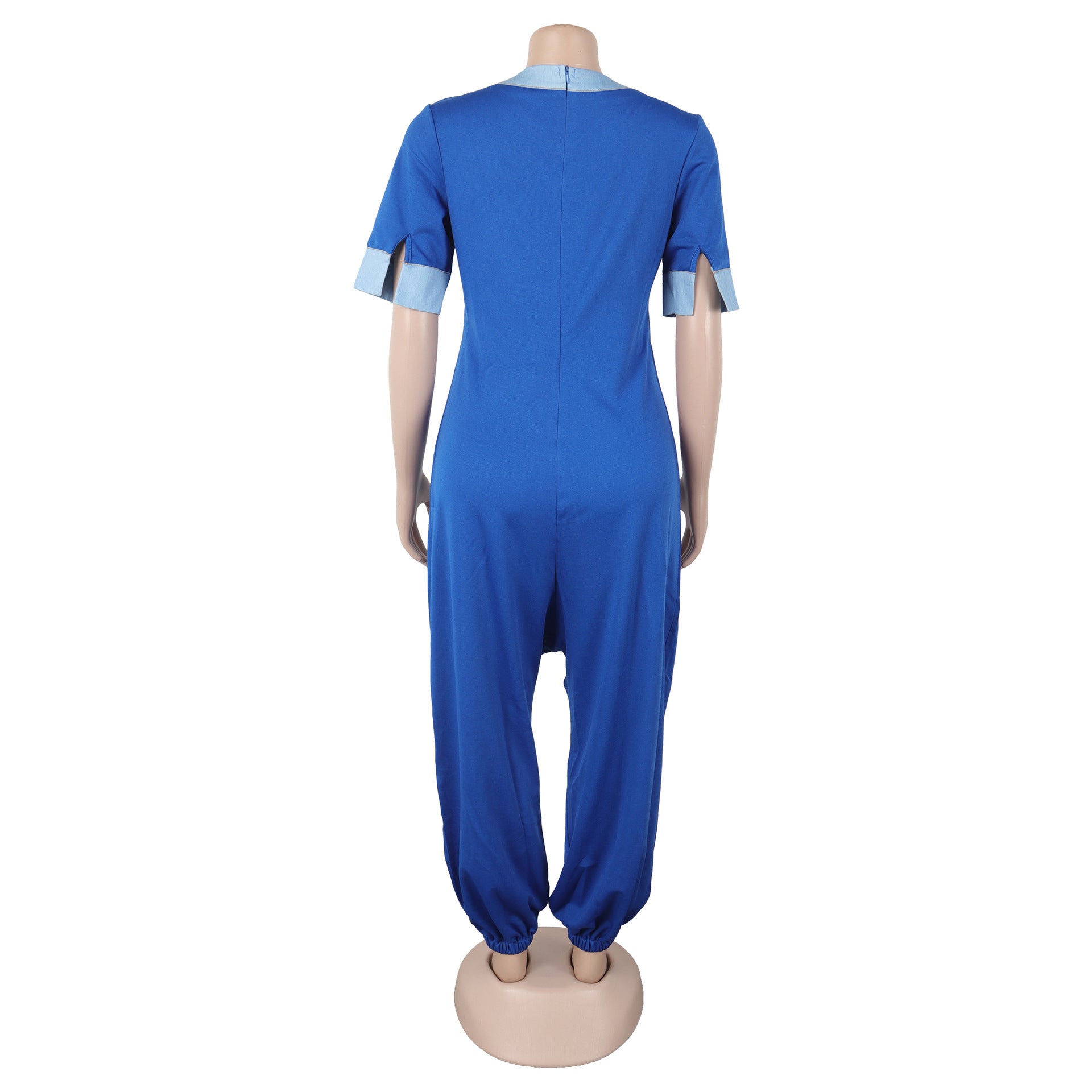 Women Casual Career V-Neck Patchwork Contrast Stretchy Denim Jumpsuit 17