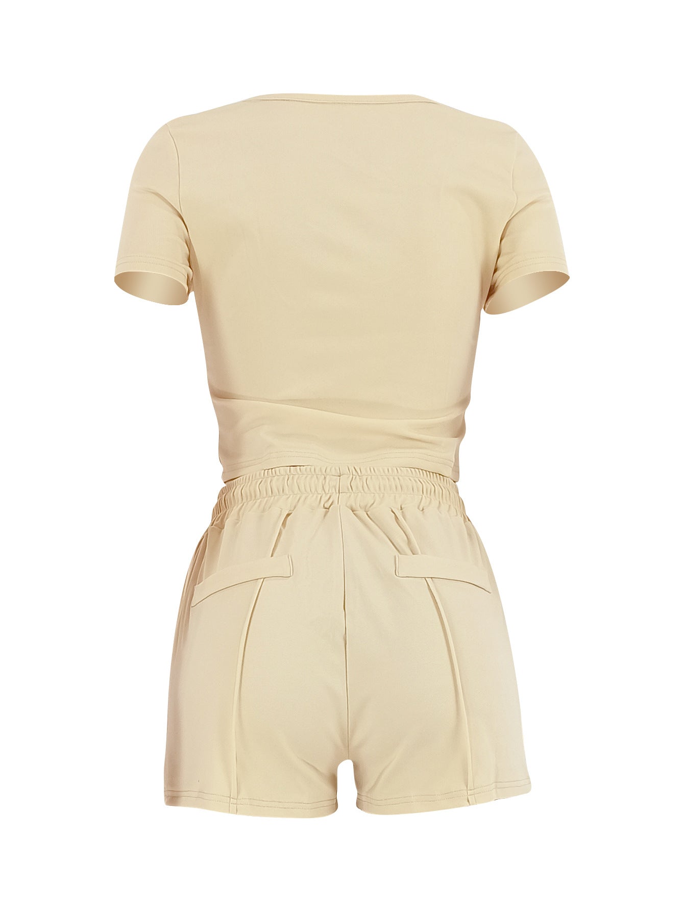 Women's Casual Solid Color Square Neck Short Sleeve Top Drawstring Pocket Shorts Two-Piece Set 5