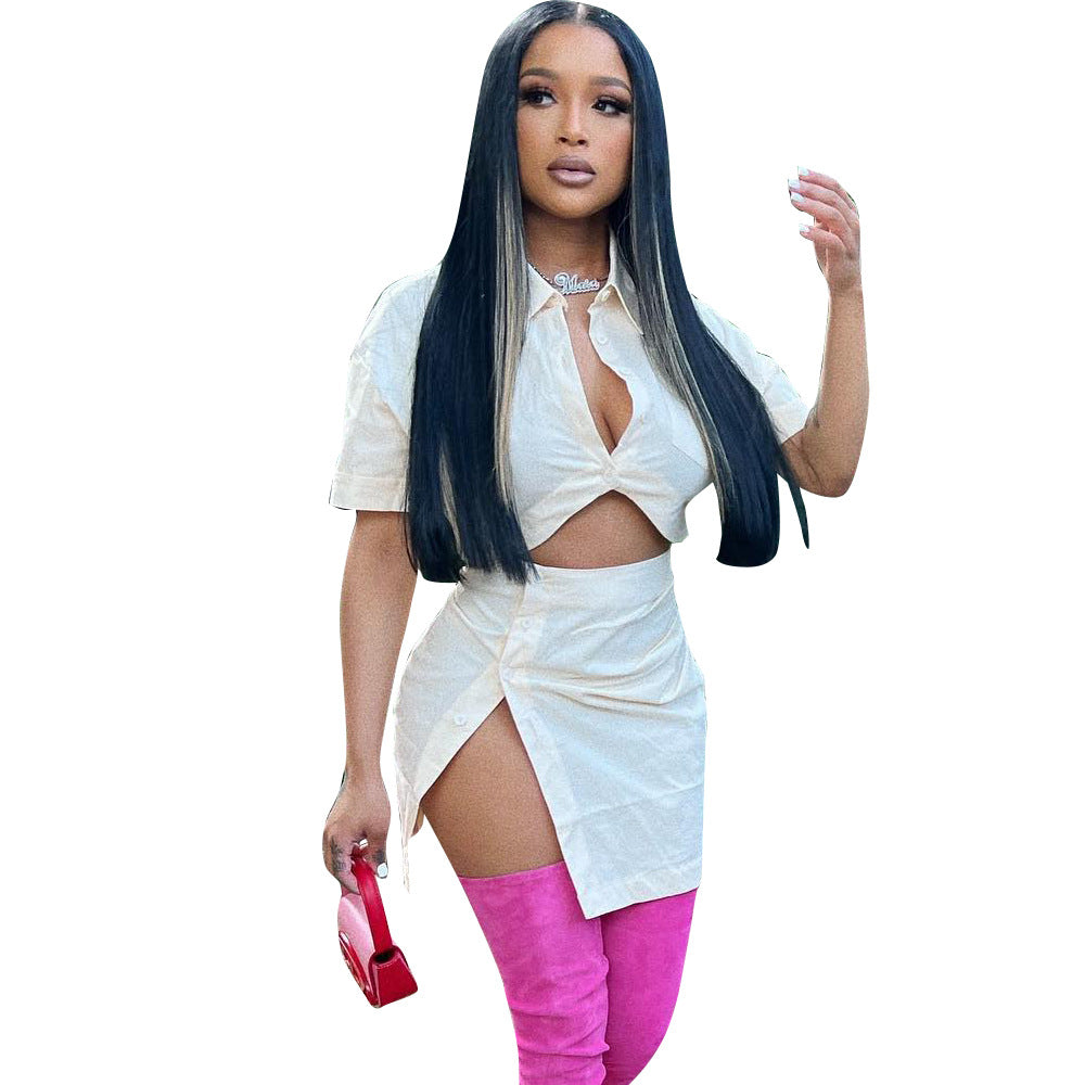 Women's fashion sexy solid color button Crop Shirt split skirt two-piece set 11