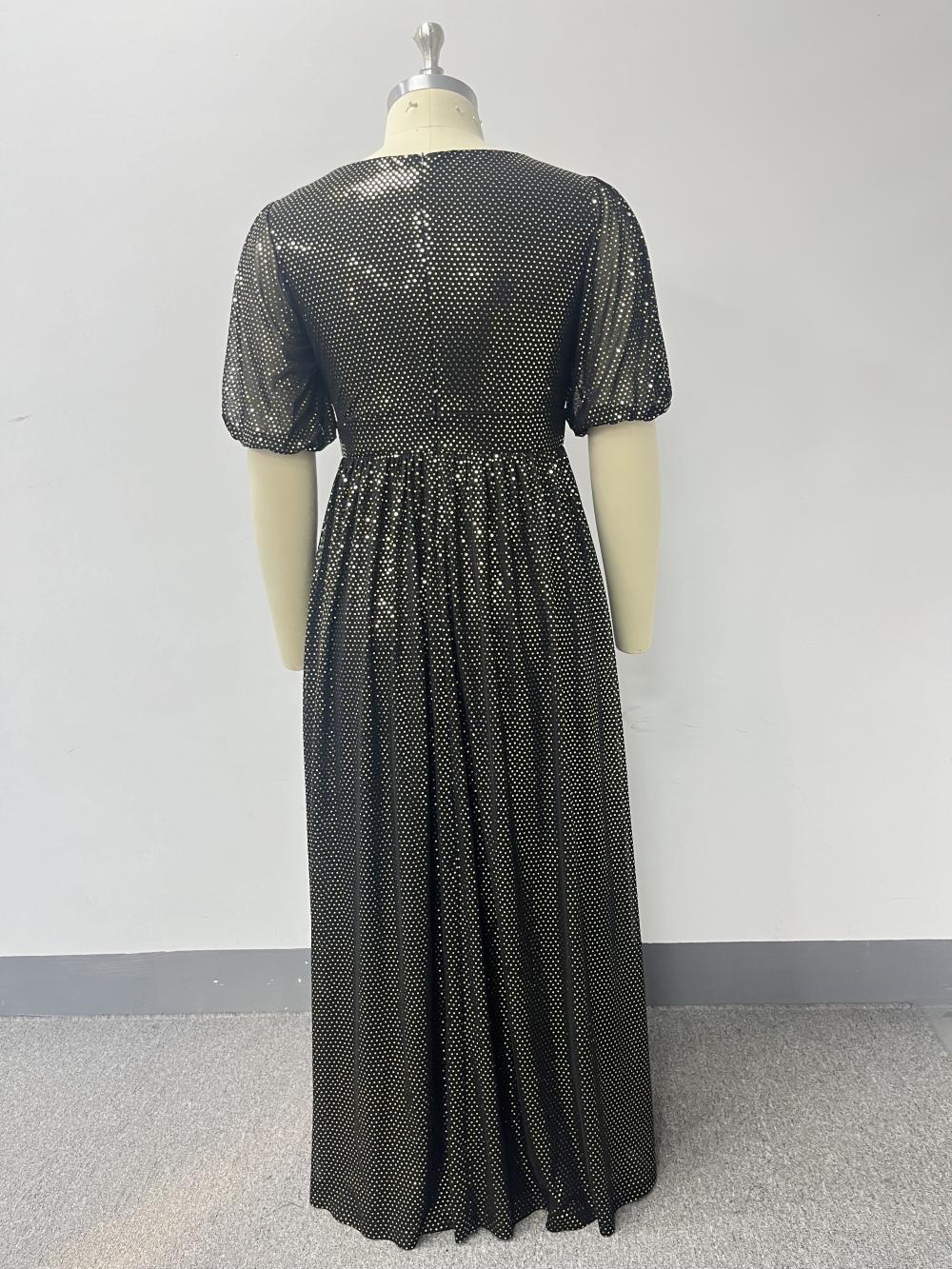 Plus-Size Glitter V-Neck Patchwork Short-Sleeve A-Line Fully Lined Evening Dress 13