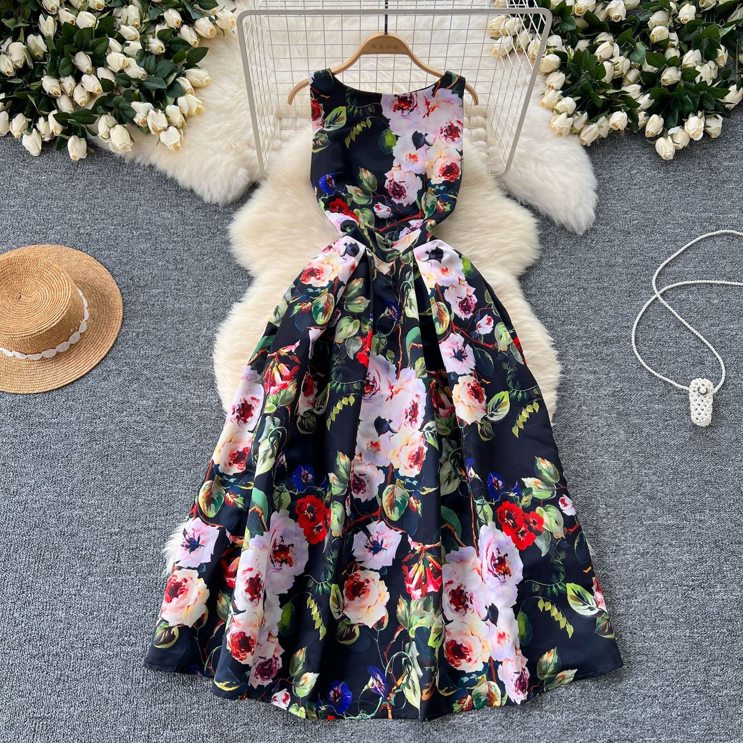 Fashion Printed Round Neck Slim Waist Pleated Flare Sleeveless Mini Dress 20