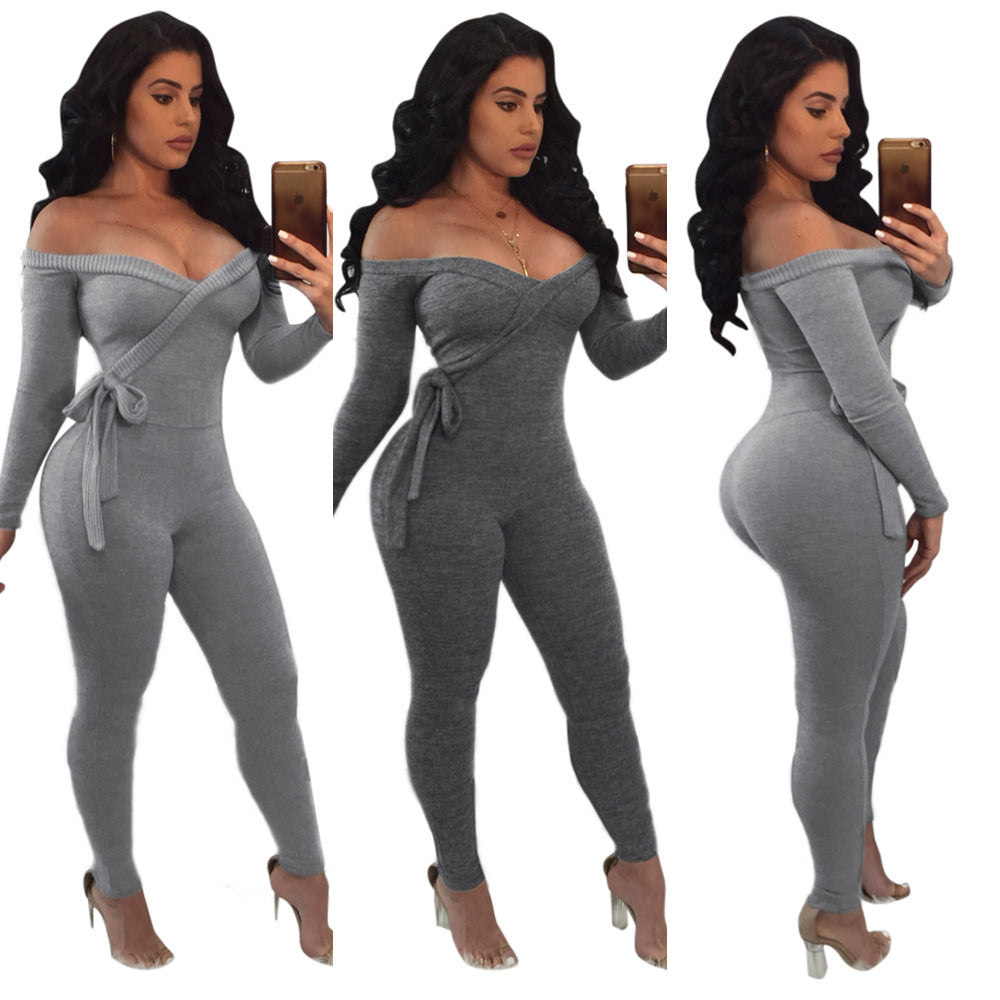 Sexy deep v women's long-sleeved off-the-shoulder Jumpsuit 9