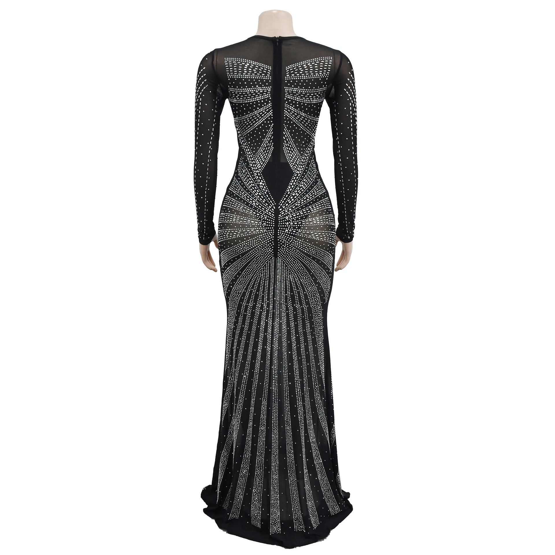 Women Solid Color Mesh See-Through Beaded Long Sleeve Maxi Dress 14