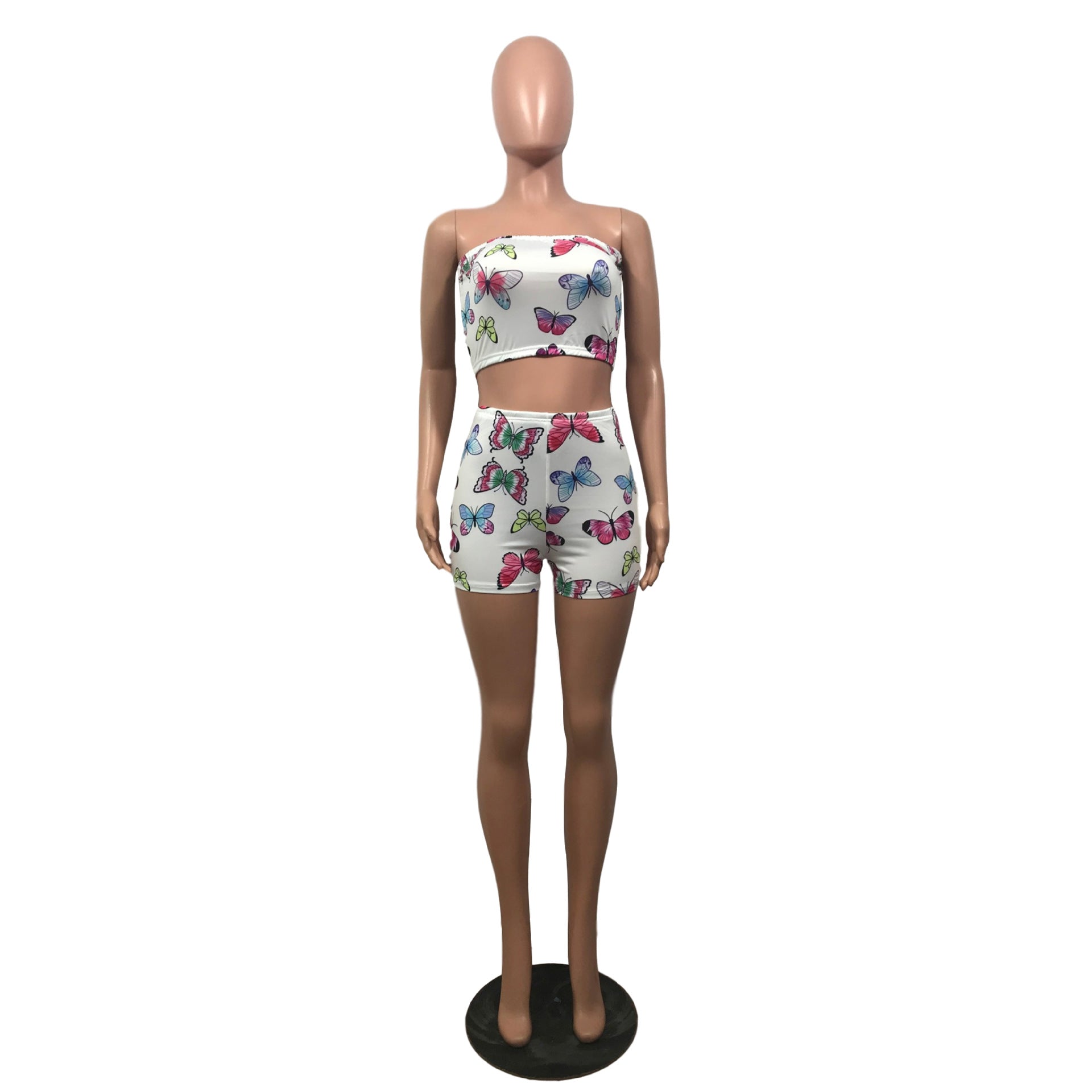 Summer Women's Sexy Slim Fit Butterfly Print Strapless Two Piece Shorts Set 22