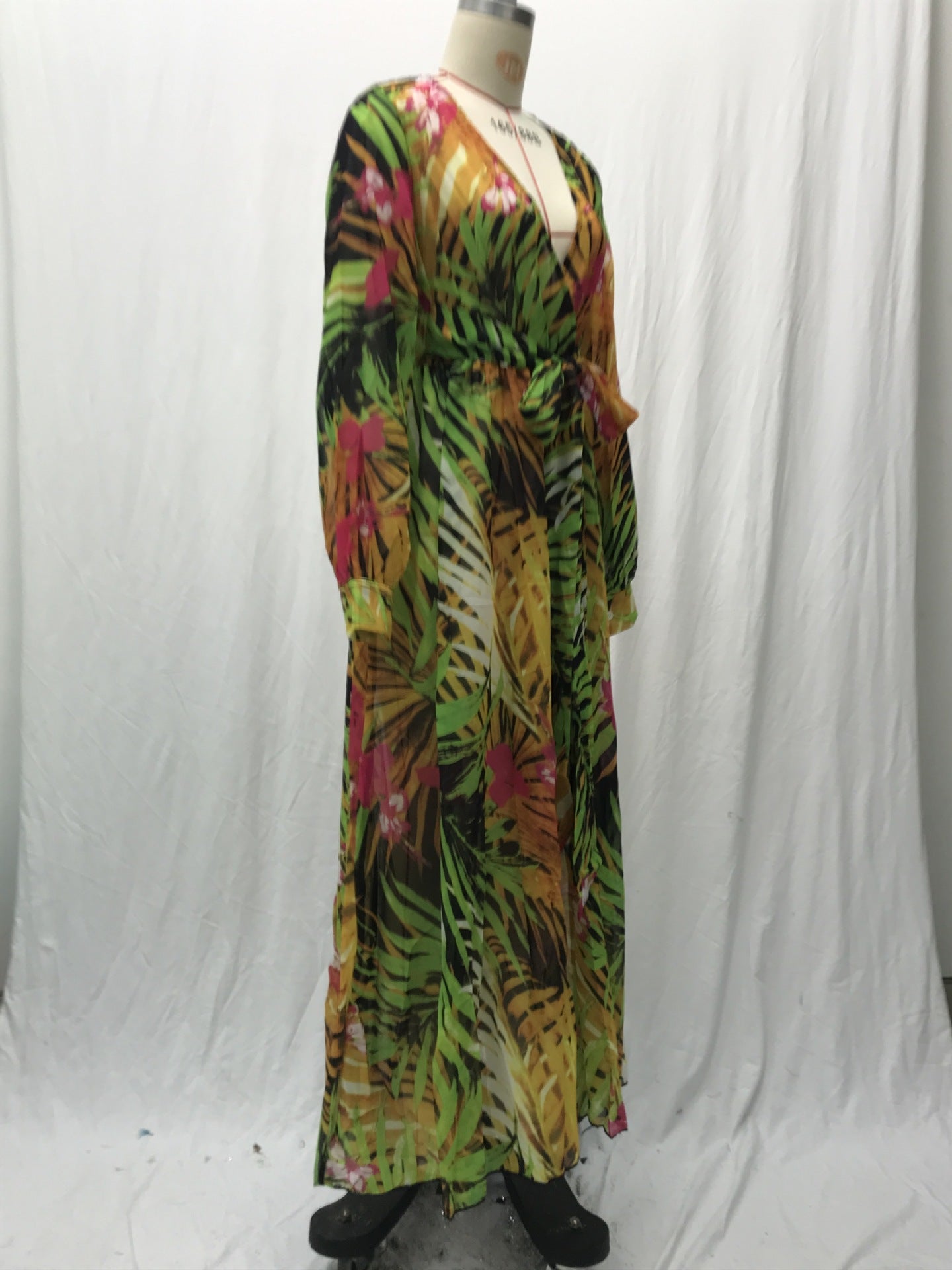 Summer Lantern Sleeve Sexy Deep V Neck Leaf Print Long Dress 18