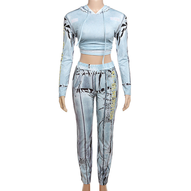 Autumn Women Casual Hooded Top and Printed Sports Pants Two-piece Set 9