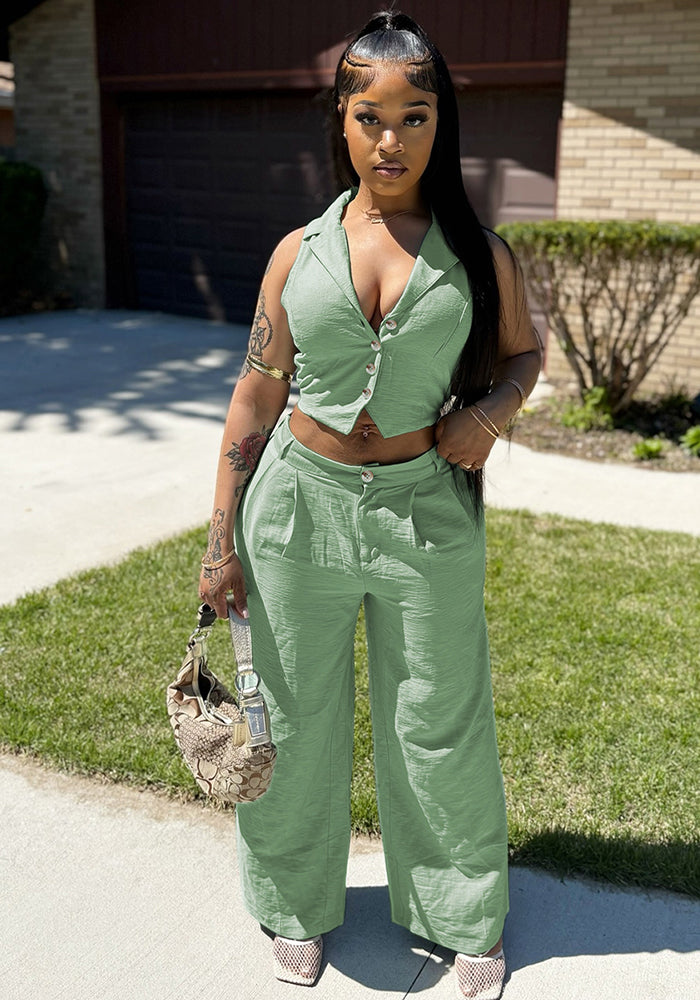 Women's Solid Sleeveless Cropped Back-Tie Top & Casual Pants Set