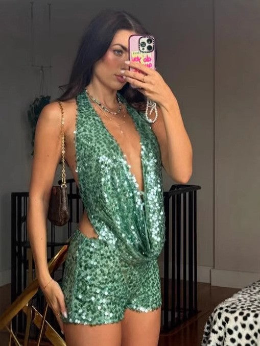 Sheer Green Sequin V-Neck Crop Top & Shorts Set 4