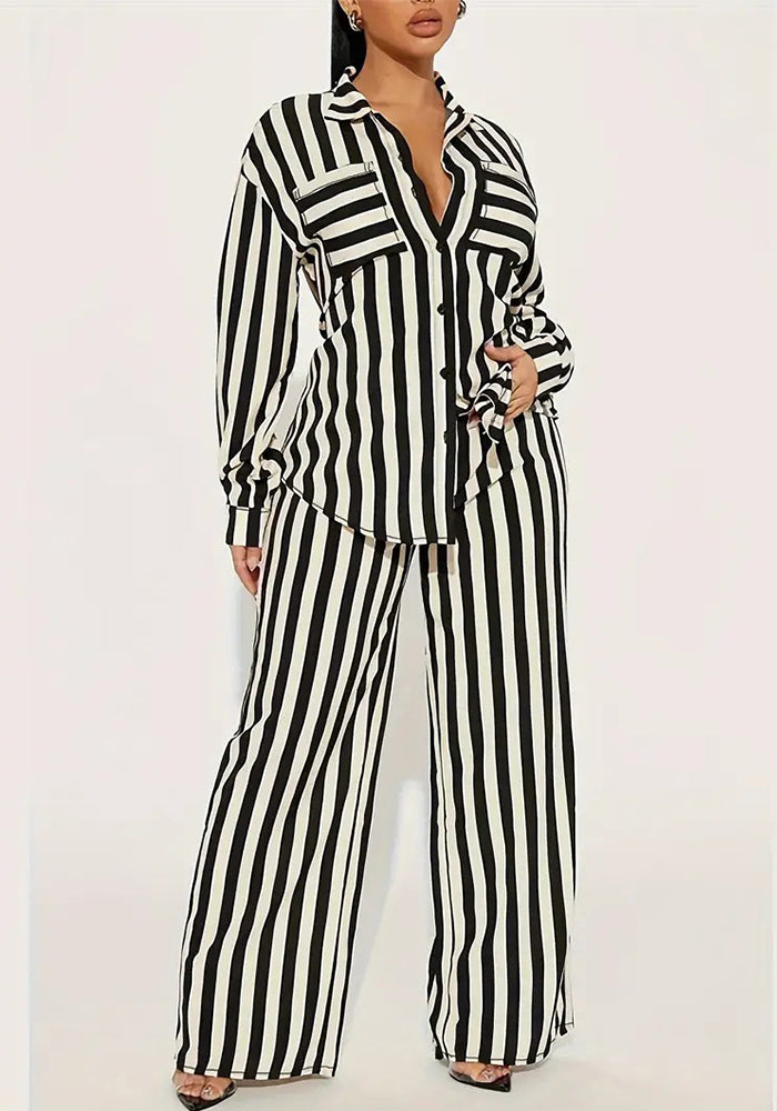 Women's Fashion Casual Long Sleeve Striped Shirt Pants Loose Two-piece Set 5