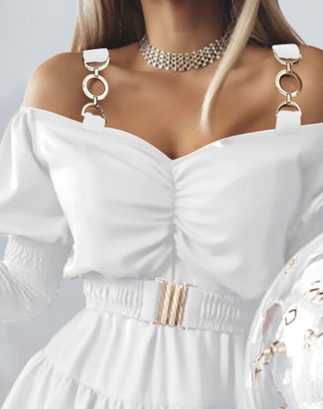 Solid Color Off Shoulder Puff Sleeve A-Line Dress 9