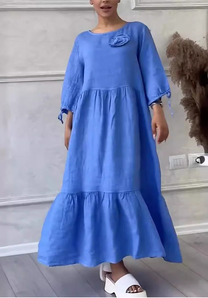 Women's Round Neck Pleated Long Sleeve Drawstring Back Tie Solid Color Casual Loose Dress