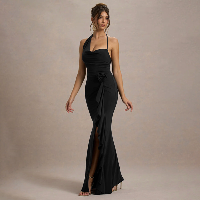 Autumn And Winter Flower Ribbon Irregular Halter Neck Slit Dress 4