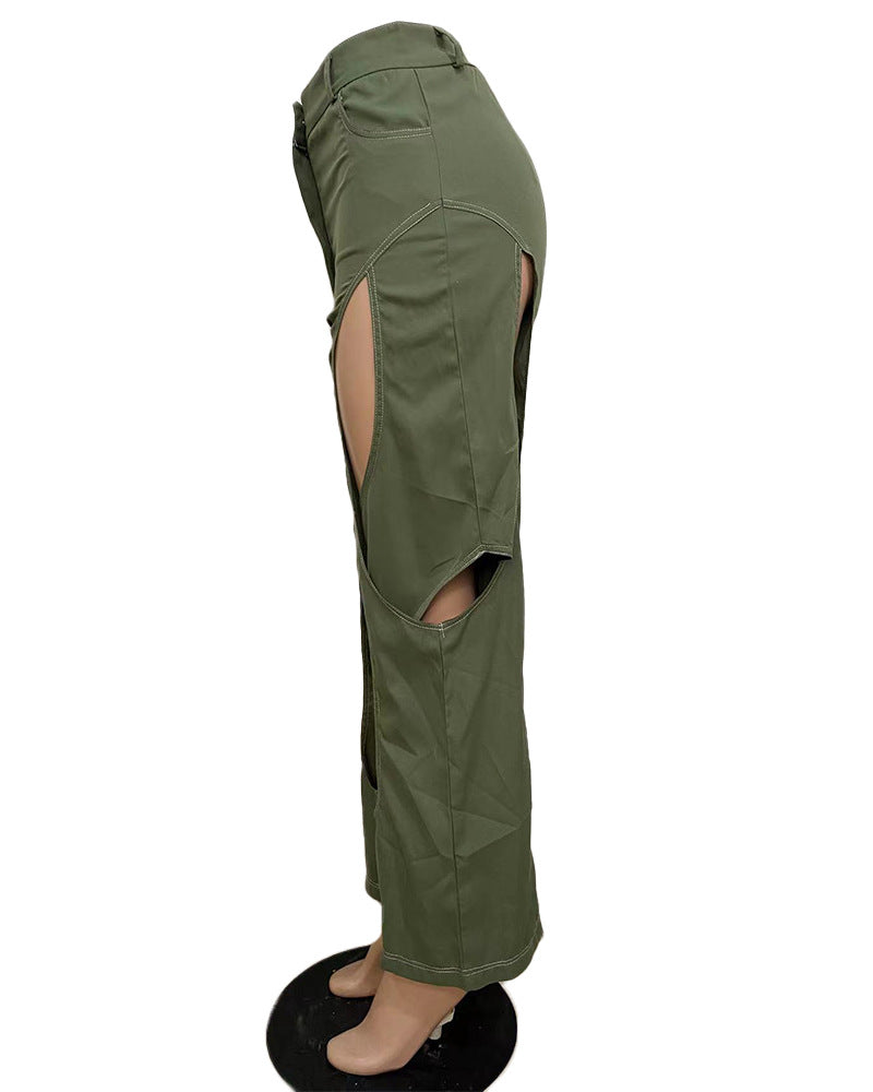 Women's Contrasting Lines Patchwork Cutout Casual Pants Trendy Wear with Loose Pants 14