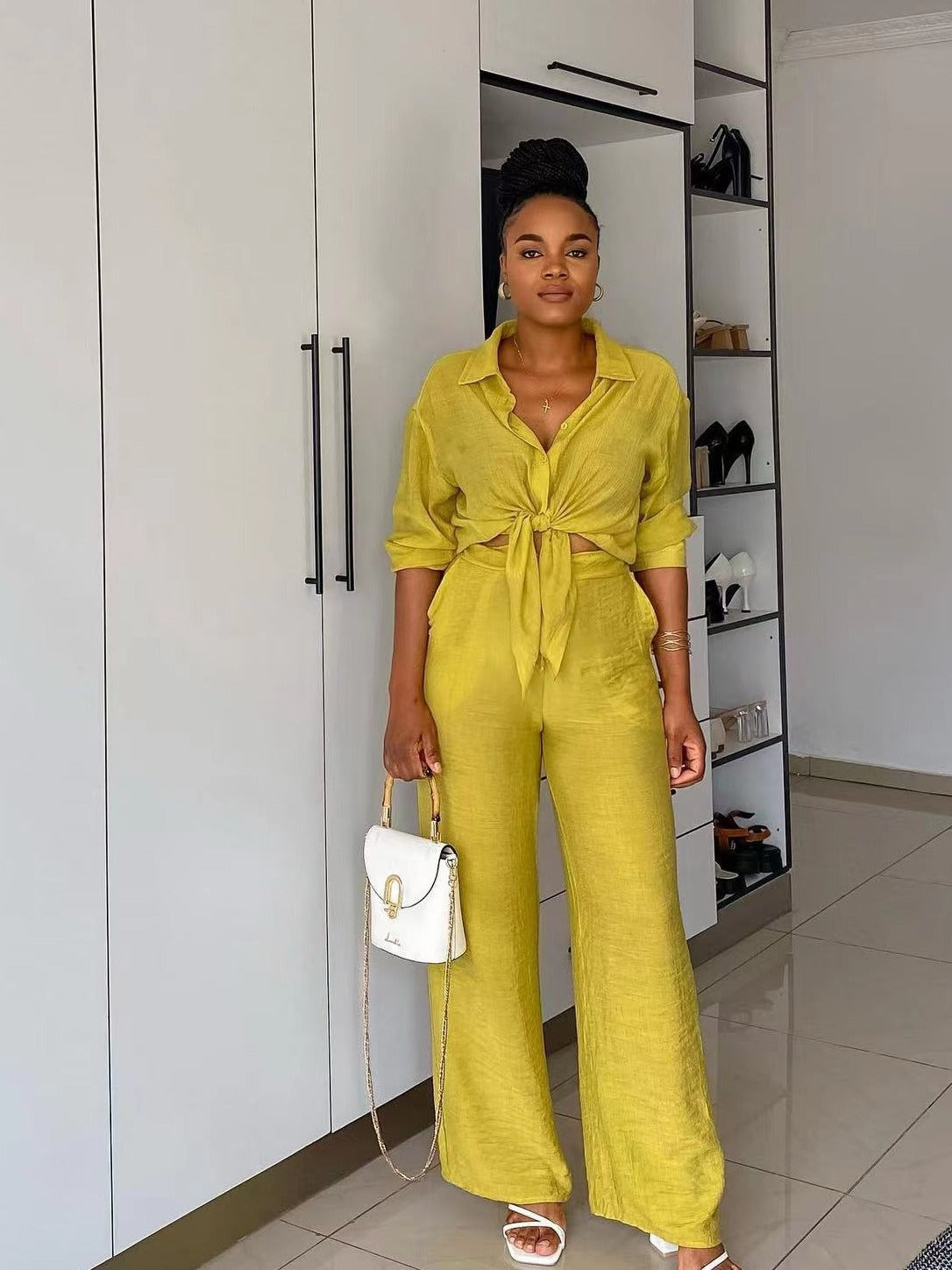 Women Casual long-sleeved shirt and straight pants two-piece set 3